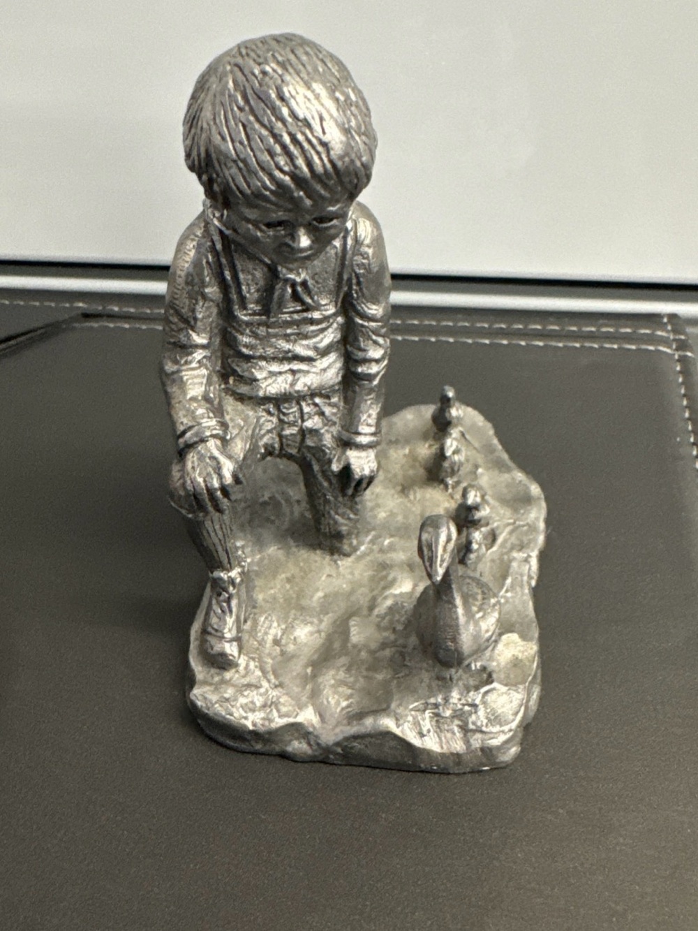 Silver Boy with Duck Tabletop Sculpture - Silver Decorative Figurine